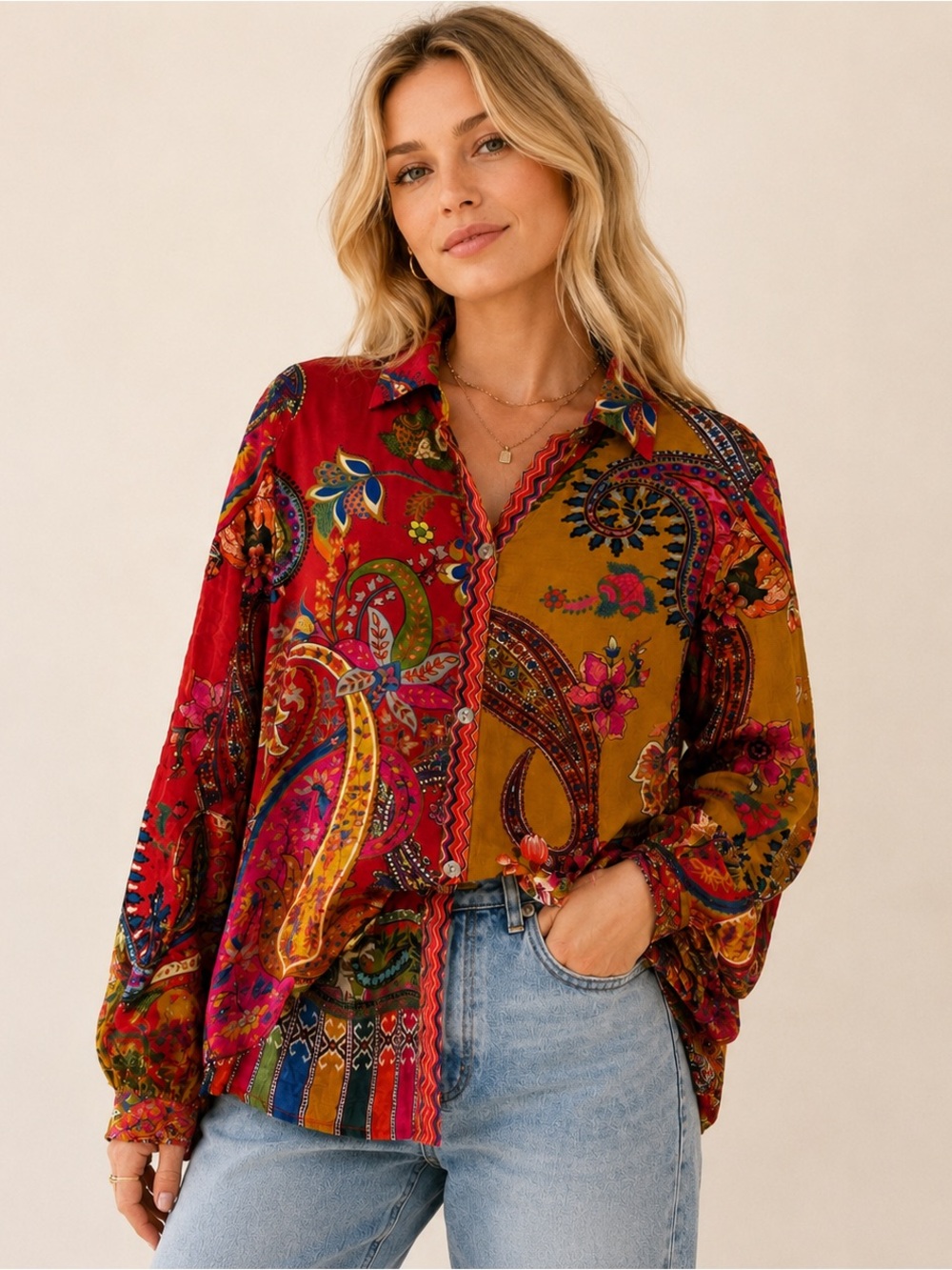 John Mark Paisley Patchwork Button-Down Shirt in Red & Mustard